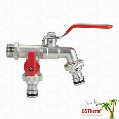Robinet économique en laiton à double sortie, nickelé, avec poignée rouge 1/2"*3/4"*3/4"
