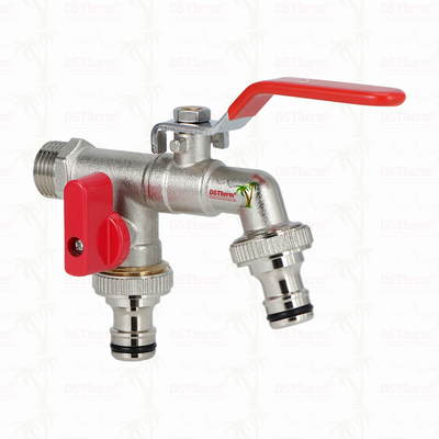Robinet économique en laiton à double sortie, nickelé, avec poignée rouge 1/2"*3/4"*3/4"